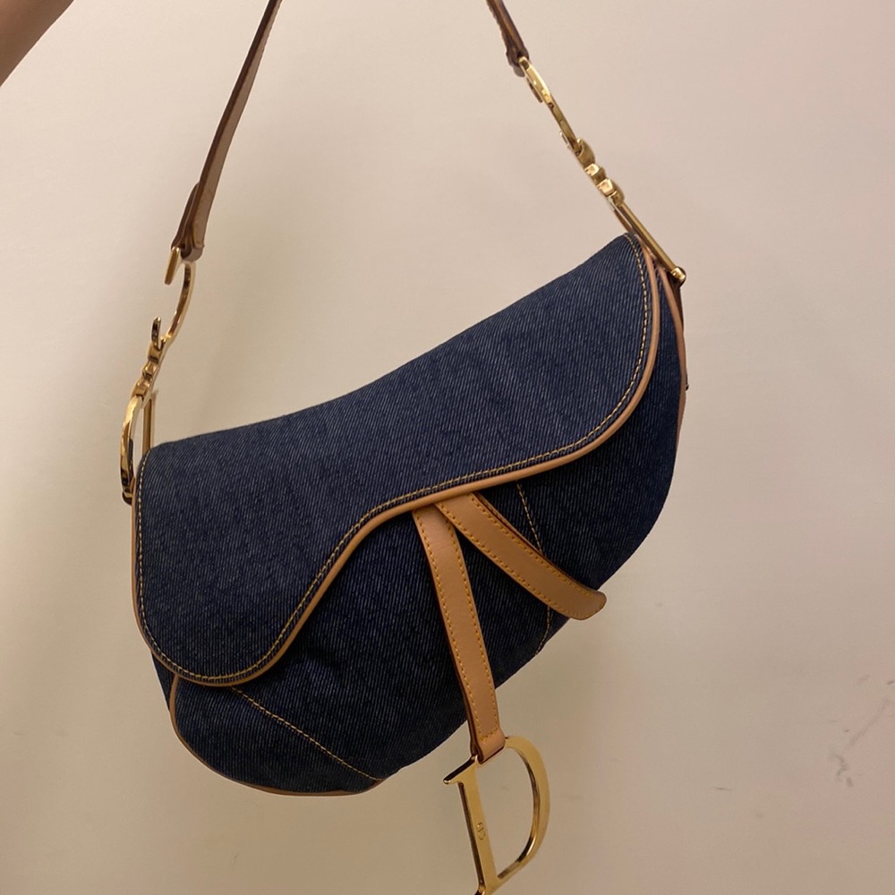 Dior saddle bag vintage in blue jeans with brown strap authentic shoulder bag